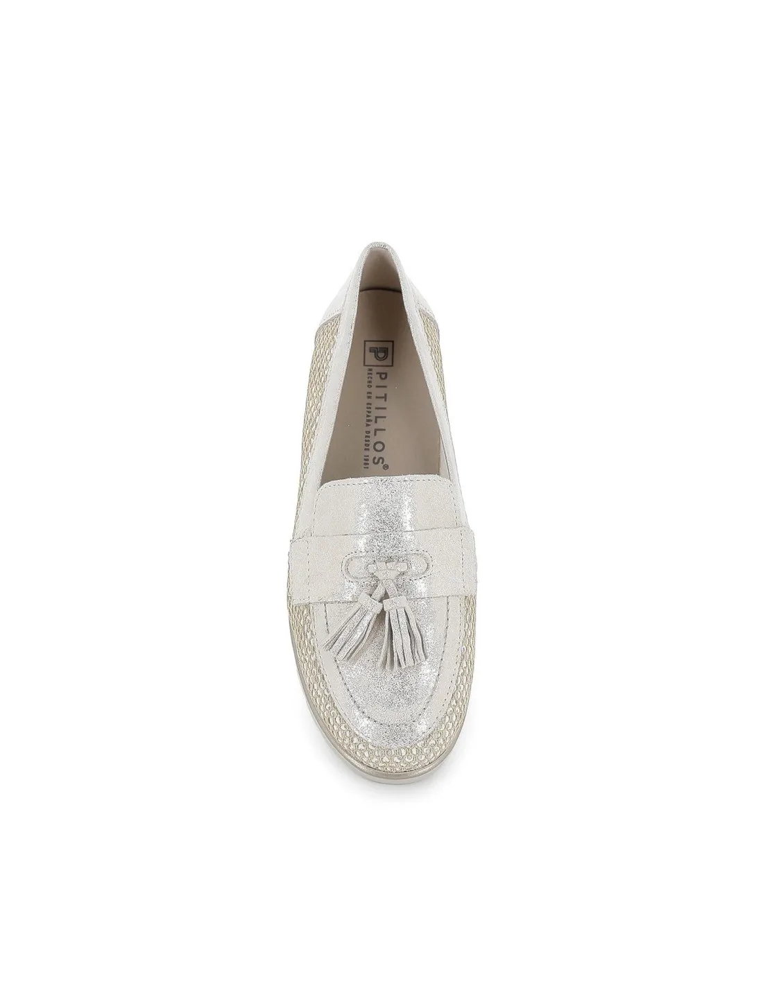 Mocasín plano piel lisa y rafia borlas mujer dorado Pitillos