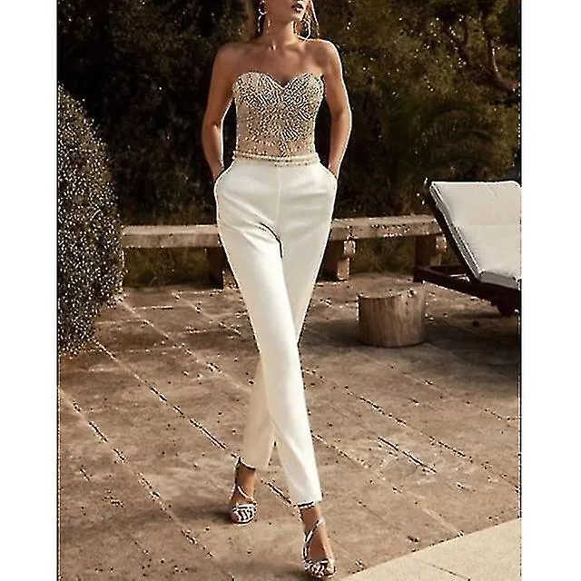 Mujer Casual Sexy Party Boda Casual Blanco Jumpsuit Print Color sólido