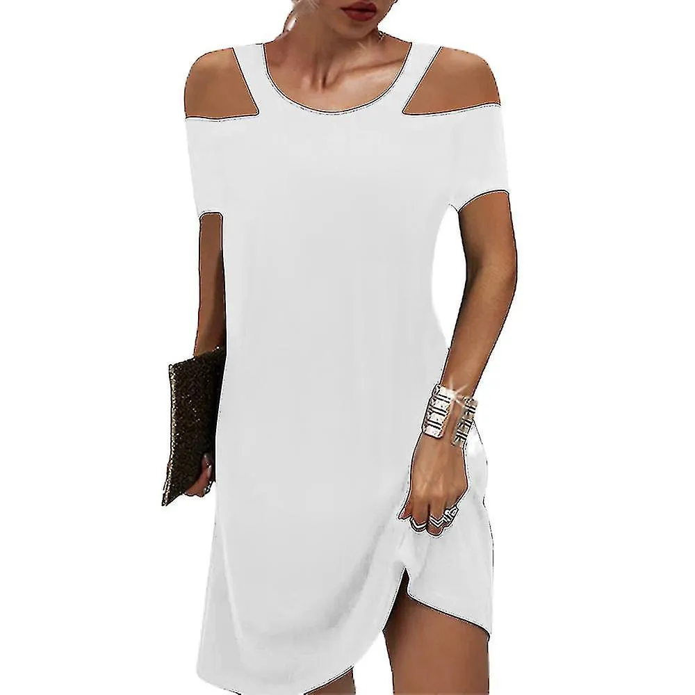 Mujer Plain Cold Shoulder Short Sleeve Mini Vestido Verano Casual Turno Vestidos