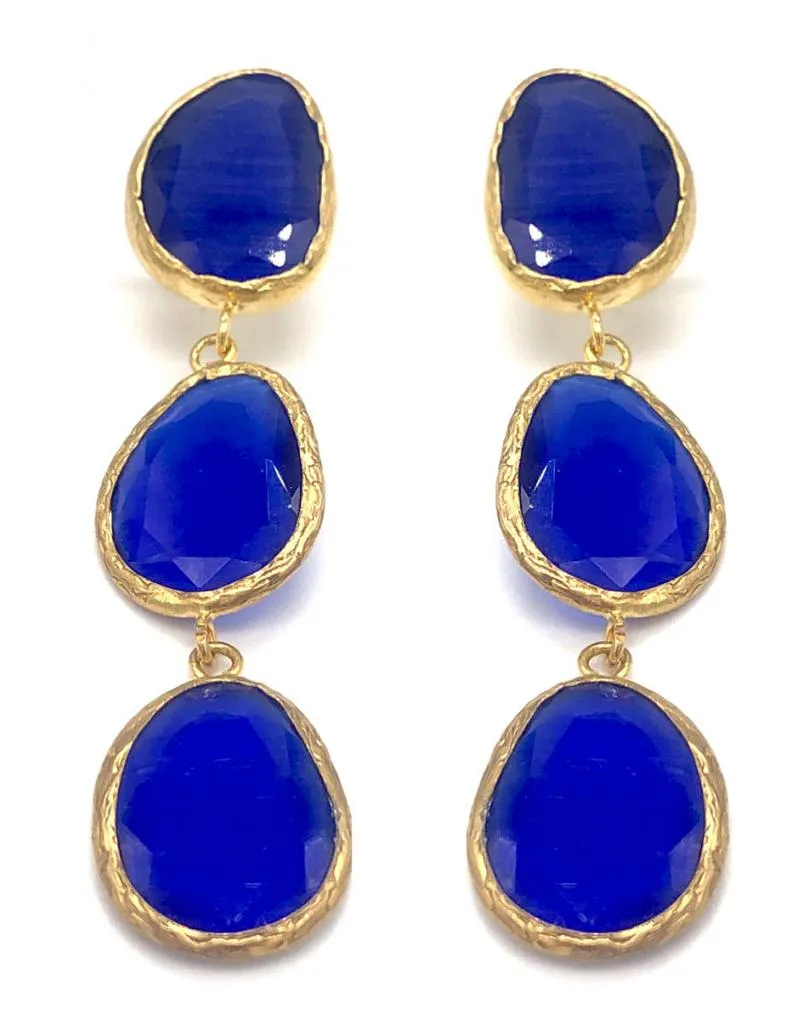 PENDIENTES AZULONES LARGOS CON PIEDRAS NATURALES OVALADAS BAÑADAS EN ORO