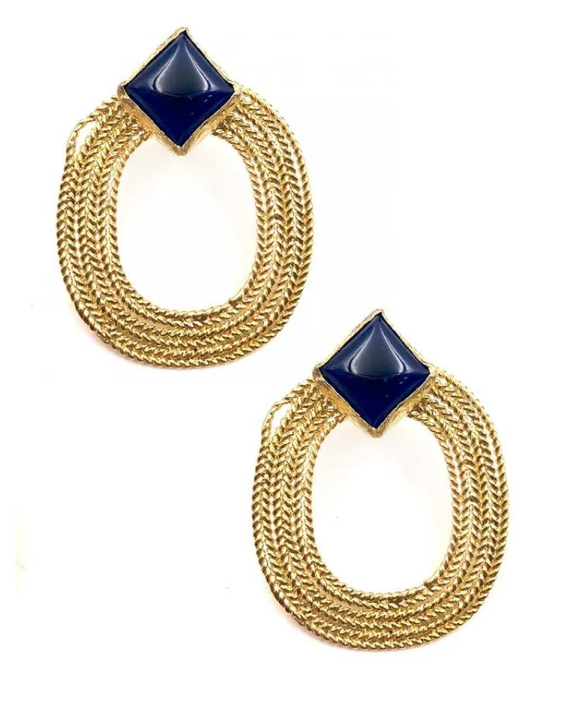 PENDIENTES BODA DORADOS ARO OVALADO Y PIEDRA AZUL MARINO