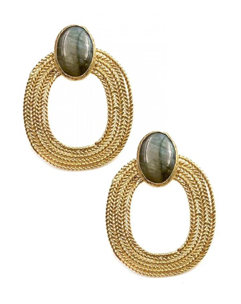PENDIENTES BODA DORADOS ARO OVALADO Y PIEDRA LABRADORITA