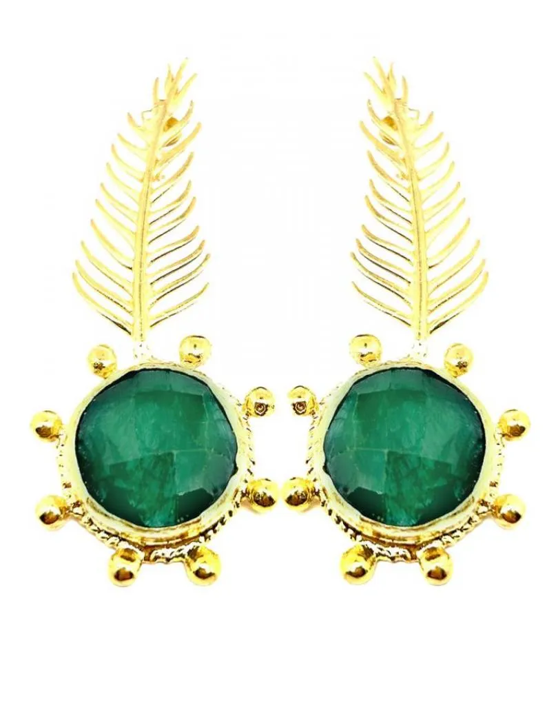 PENDIENTES DORADOS LARGOS CON DELICADA HOJA Y PIEDRA COLOR