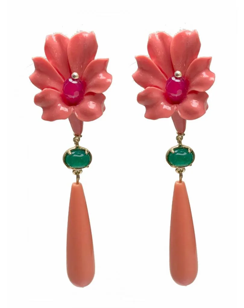 PENDIENTES FLAMENCA LARGOS CORAL CON FLOR Y CHUPON SEVILLA