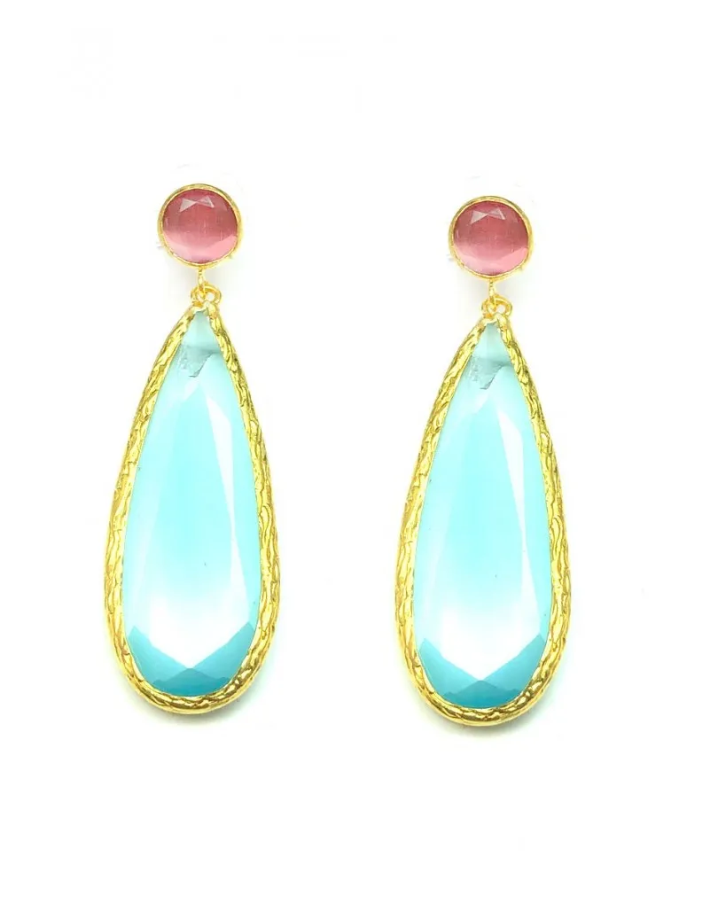 PENDIENTES LAGRIMA  DE PIEDRAS NATURALES ROSA Y AZUL AGUA
