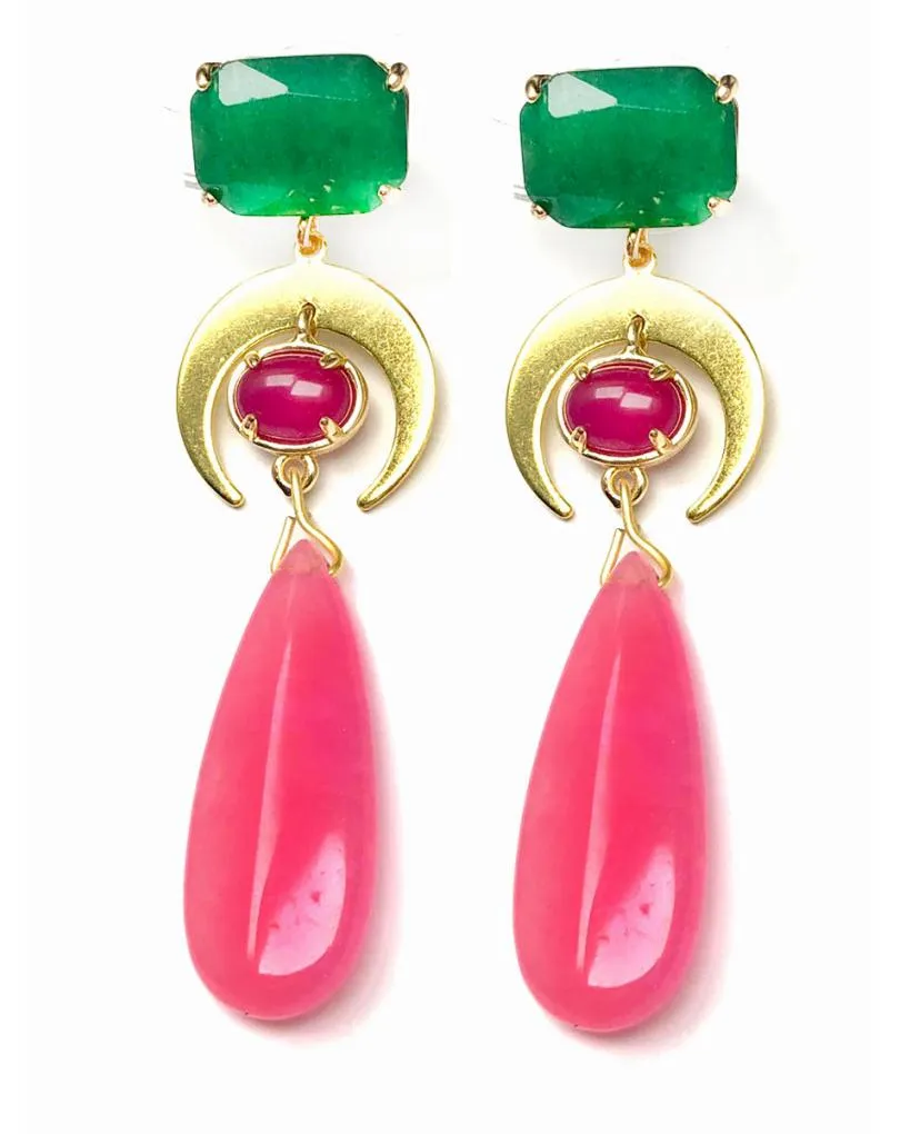 PENDIENTES LARGOS BODA FUCSIAS Y VERDES SUPER FAVORECEDORES
