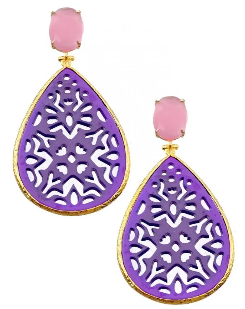 PENDIENTES LARGOS DE MUJER MORADOS Y ROSAS CON PRECIOSA LAGRIMA TALLADA