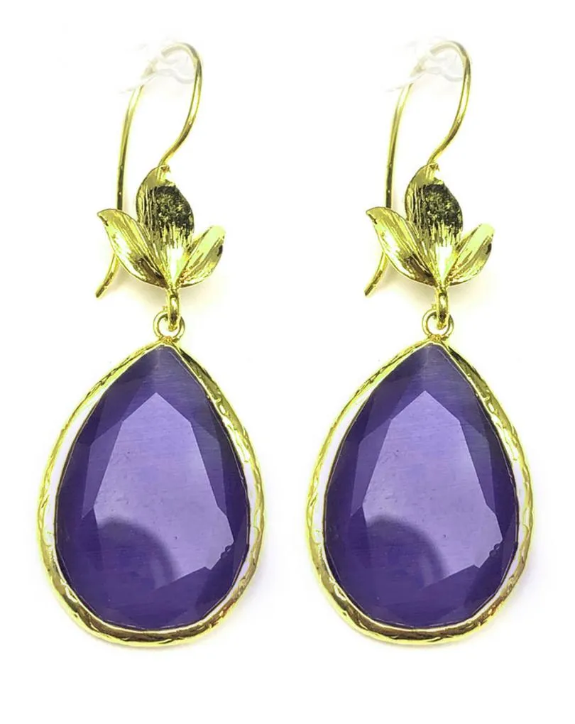 PENDIENTES LARGOS MORADOS CON PIEDRA FACETADA OJO DE GATO