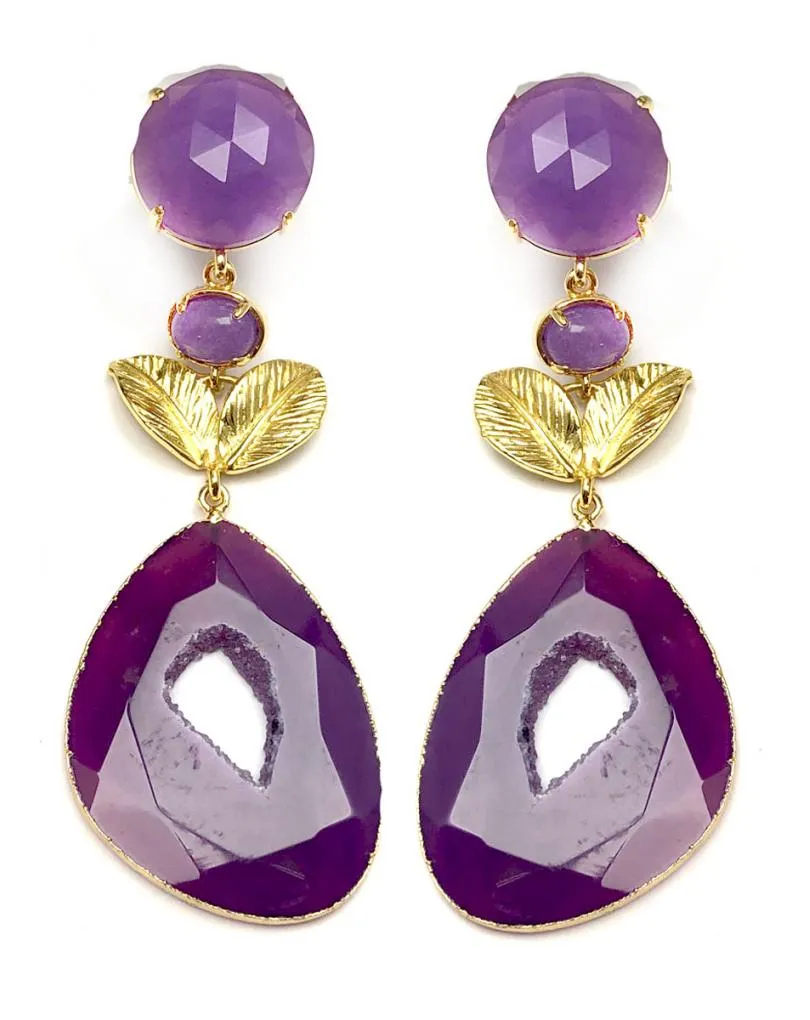 PENDIENTES MUJER LARGOS MORADOS DISEÑOS UNICOS PIEDRA AGATA