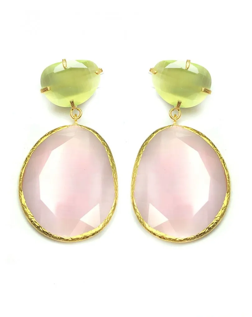 PENDIENTES MUJER LARGOS ROSA CLARO ESPECTACULAR PIEDRA NATURAL  OJO DE GATO