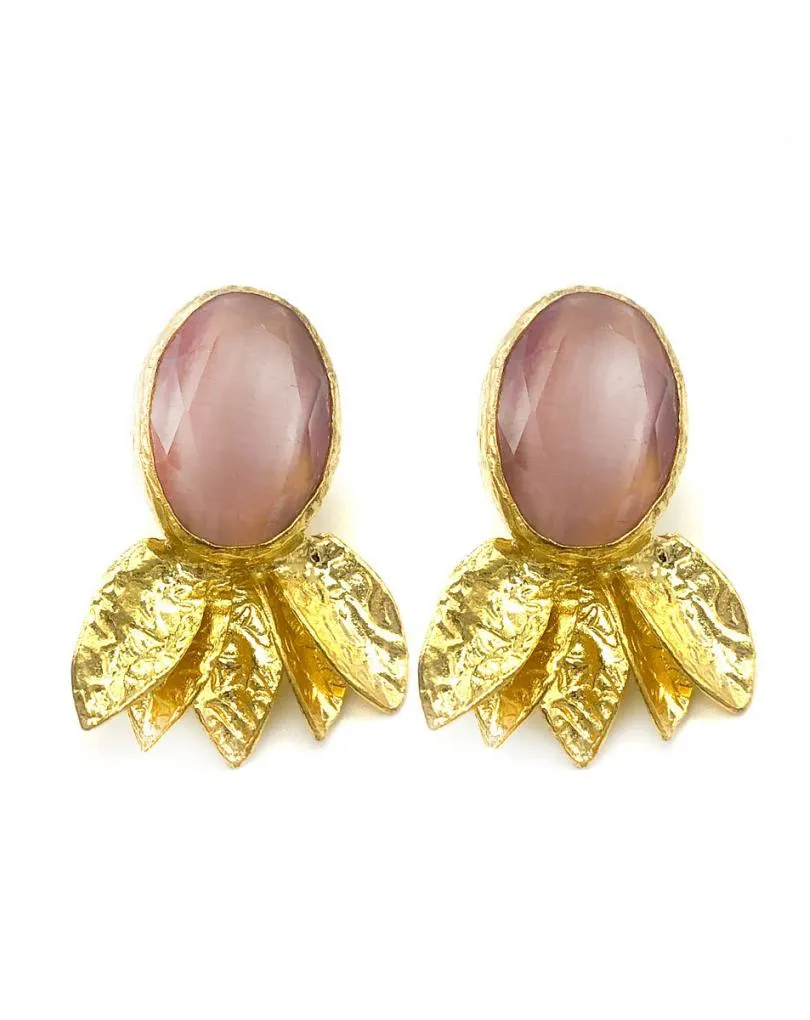 PENDIENTES MUJER LILA DE PIEDRA NATURAL EN BAÑO DE ORO CON PRECIOSAS HOJITAS