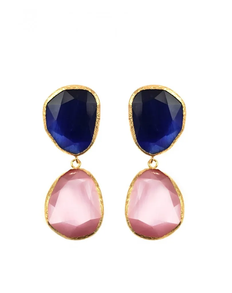 PENDIENTES ORIGINALES DE DOBLE PIEDRA NATURAL COLOR AZULON Y ROSA APALO