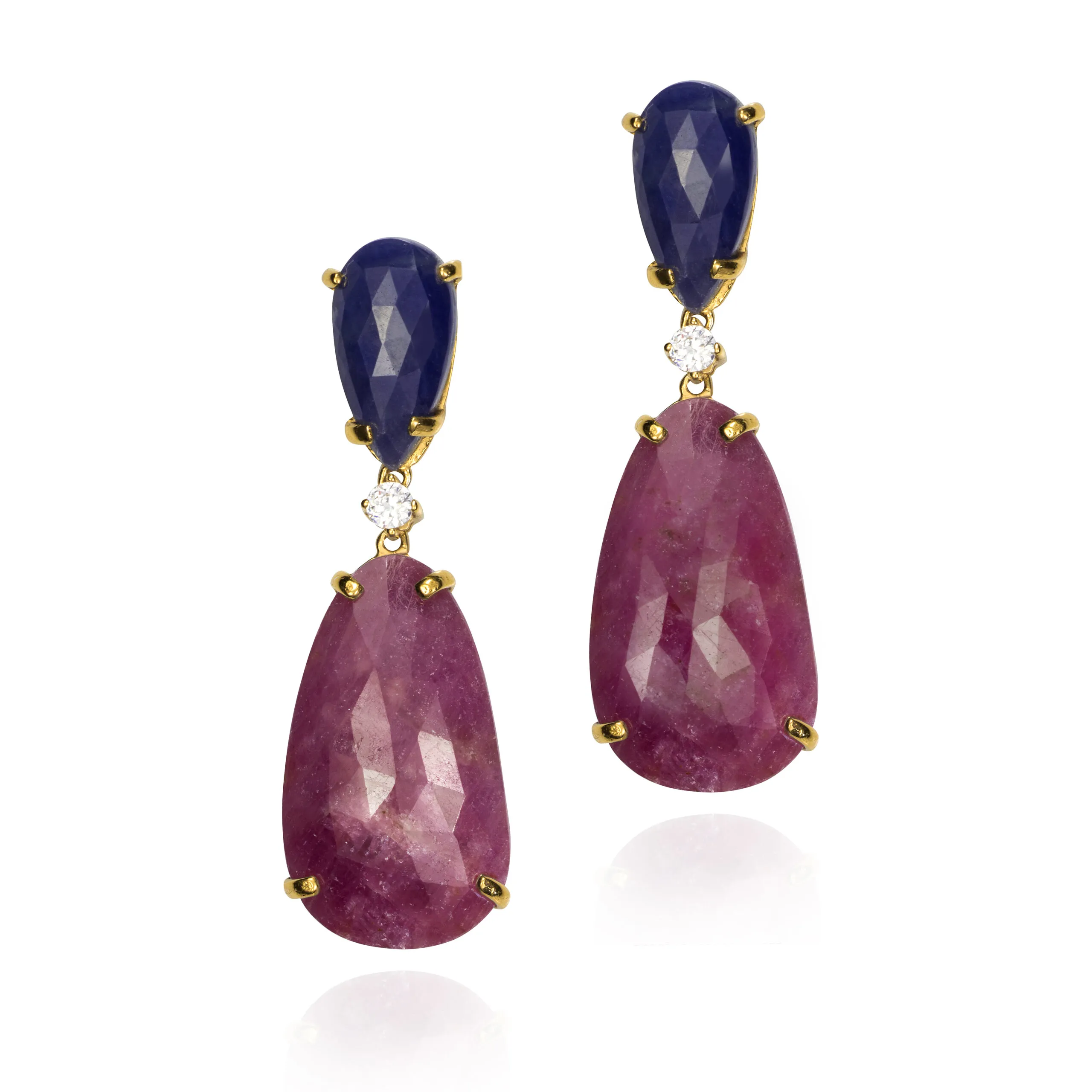 Pendientes Plata chapada Oro con Rubíes y Zafiros