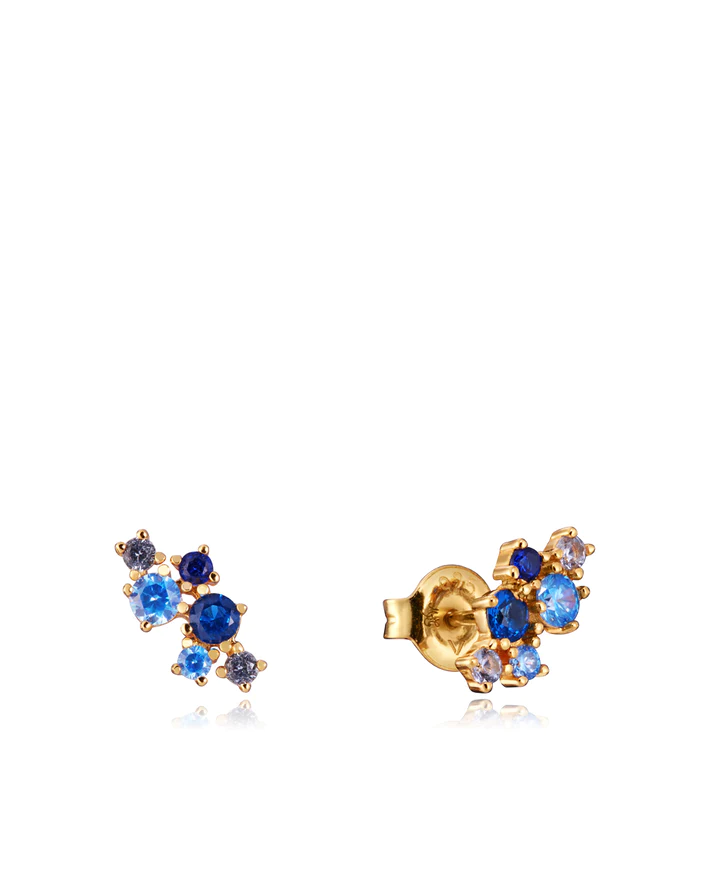 PENDIENTES TREND DE PLATA DE LEY BAñADO EN ORO CON CIRCONITAS AZULES Y BLANCAS 13134E10033