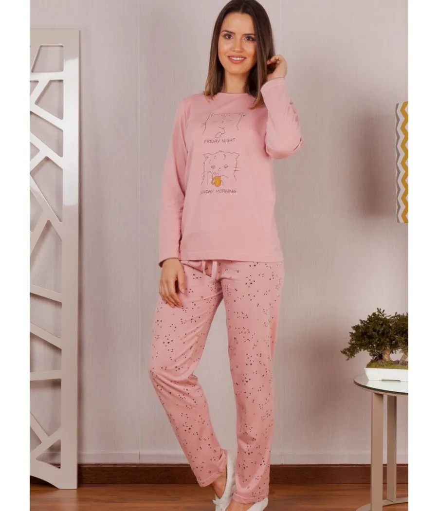 Pijama mujer Rachas&Abreu rosa Gato tallas grandes algodón