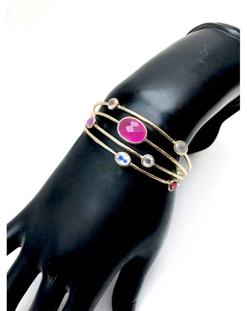 PULSERAS MUJER ORO CHAPADO SEMIRIGIDA, CON CUATRO HILOS Y PIEDRAS