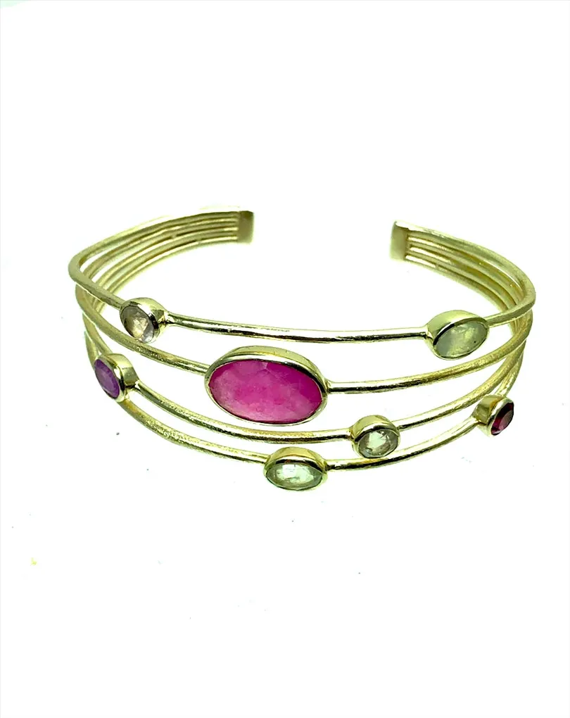 PULSERAS MUJER ORO CHAPADO SEMIRIGIDA, CON CUATRO HILOS Y PIEDRAS