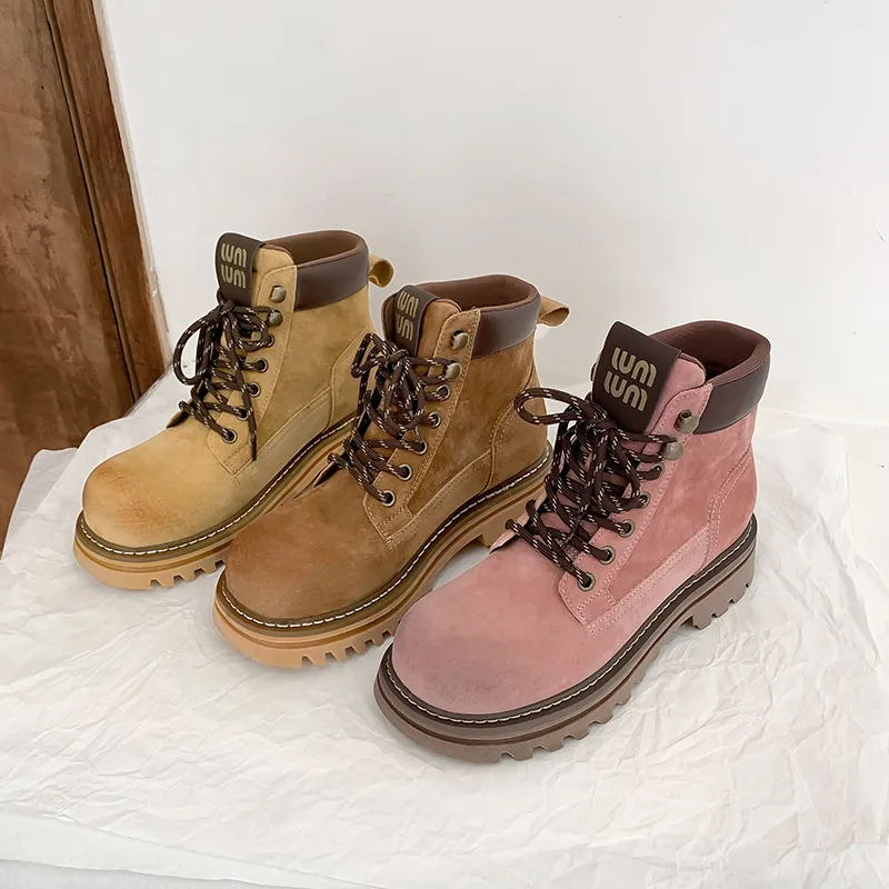 Real Leather Martin for Women 2024 Autumn New Style Soled Lace Soled Showking Outdoor Anti Slipwear Boots Short, botas amarillas