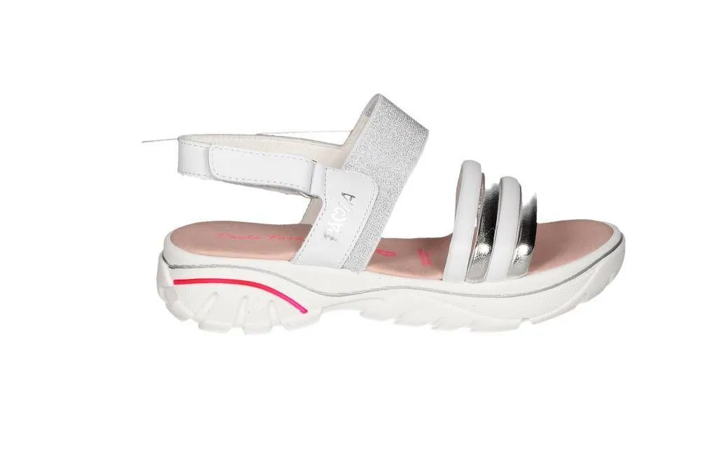 Sandalia Blanca Velcro 4 Tiras Empeine Elastico Plata