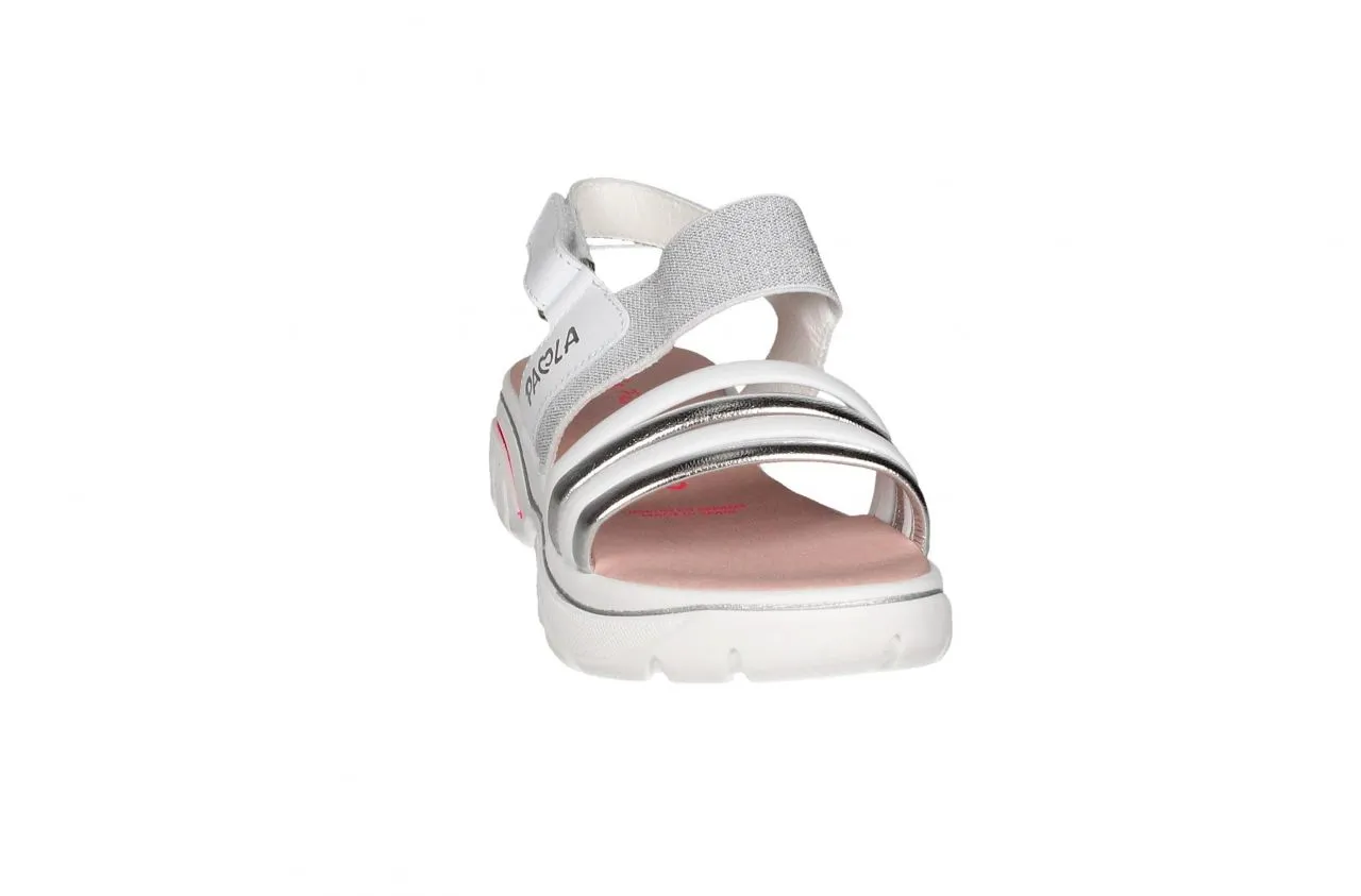 Sandalia Blanca Velcro 4 Tiras Empeine Elastico Plata