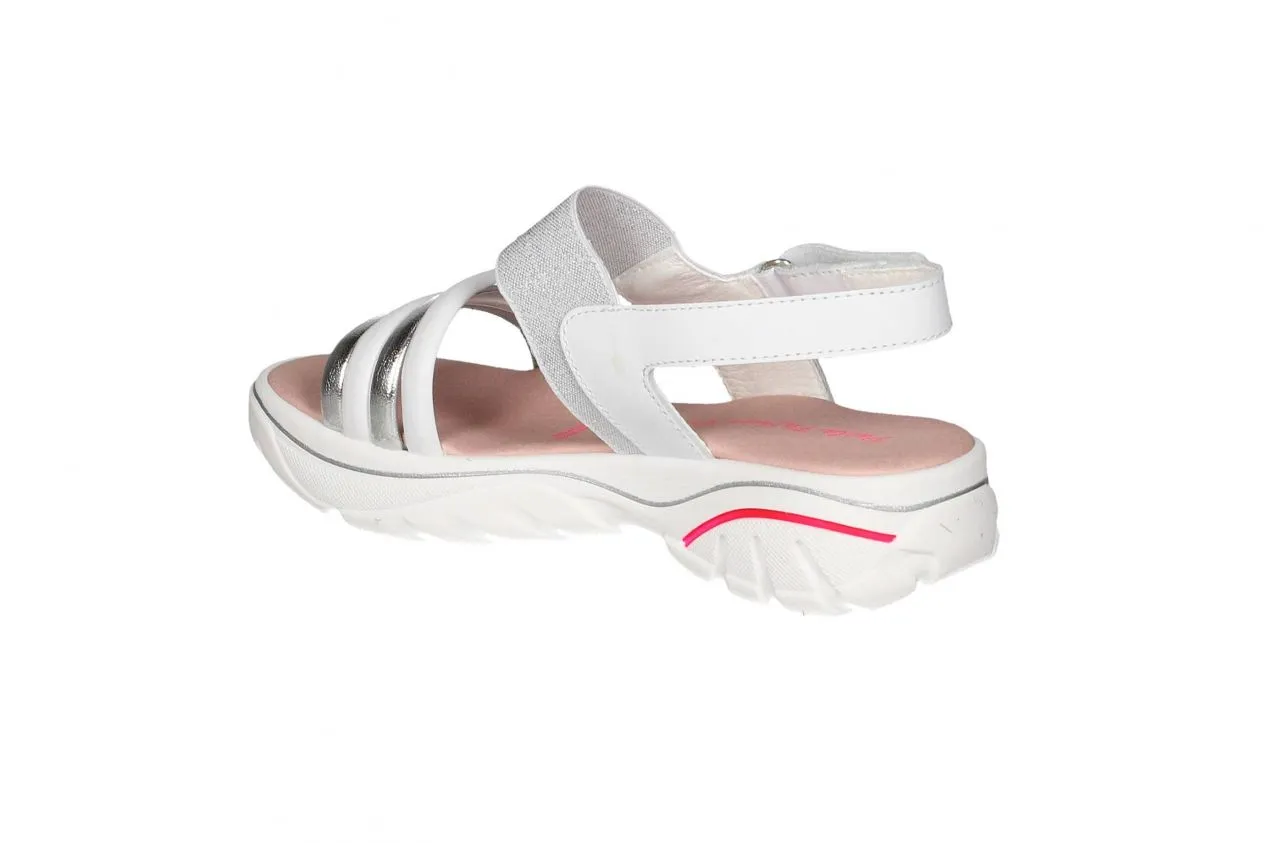 Sandalia Blanca Velcro 4 Tiras Empeine Elastico Plata