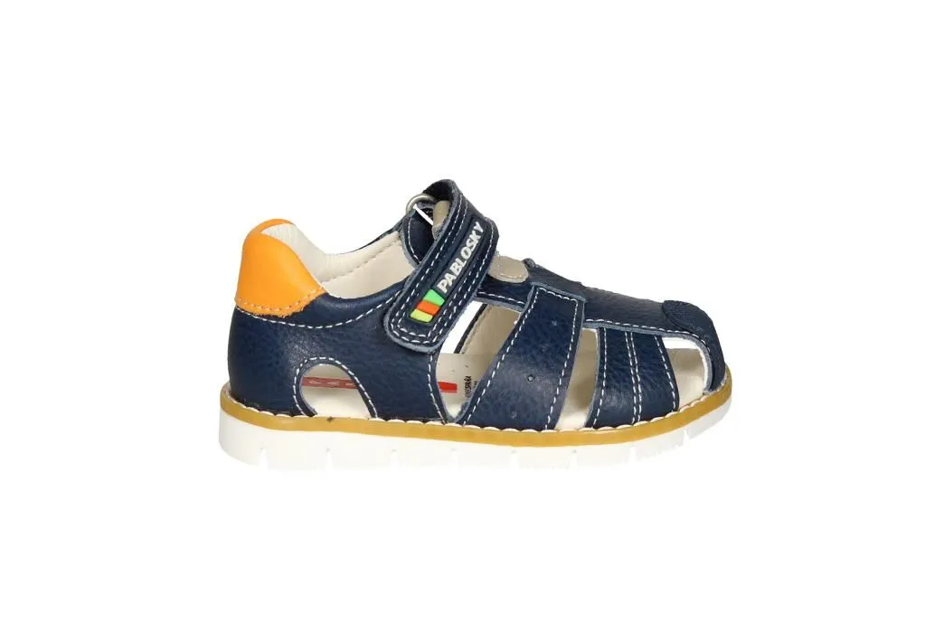 Sandalia Cubierta Velcro Piel Azul Pieza Talon Naranja