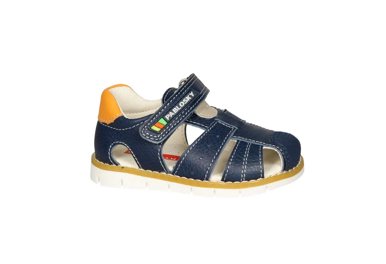 Sandalia Cubierta Velcro Piel Azul Pieza Talon Naranja