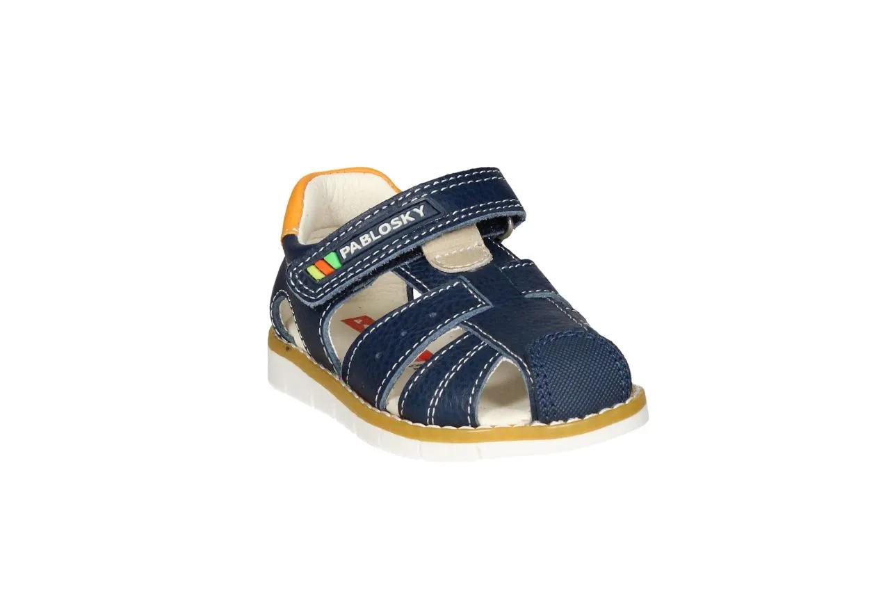 Sandalia Cubierta Velcro Piel Azul Pieza Talon Naranja