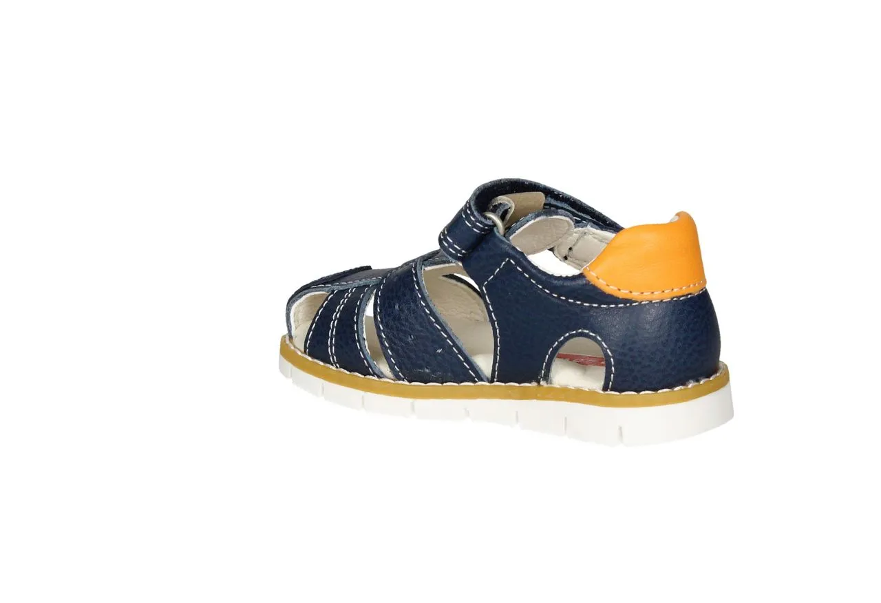 Sandalia Cubierta Velcro Piel Azul Pieza Talon Naranja