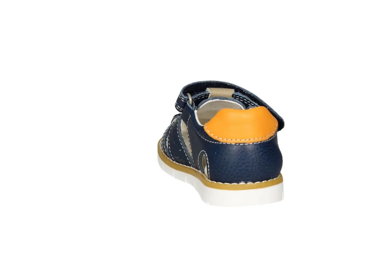 Sandalia Cubierta Velcro Piel Azul Pieza Talon Naranja