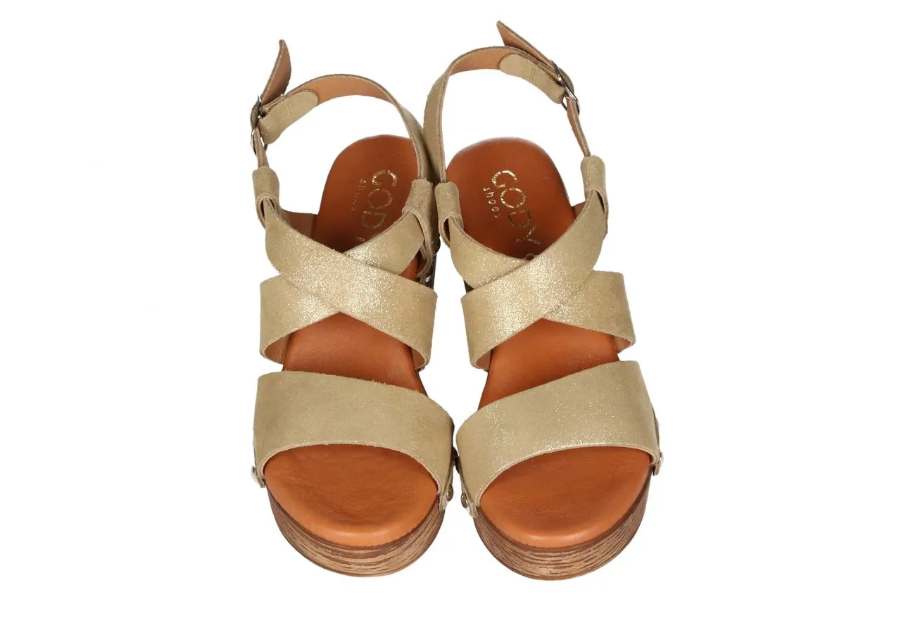 Sandalia Nobuck Oro Empeine Tiras Cruzadas