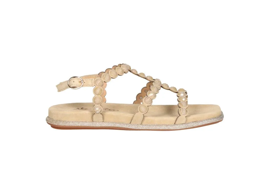 Sandalia t Nobuck Taupe Tiras Tachas Redondas Filo Brillantina Oro