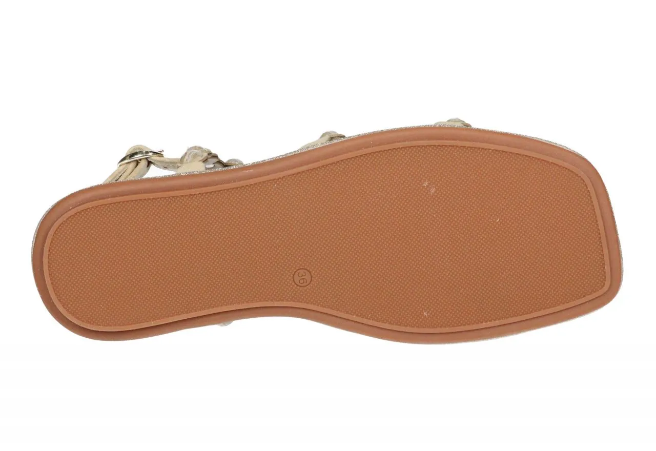 Sandalia t Nobuck Taupe Tiras Tachas Redondas Filo Brillantina Oro