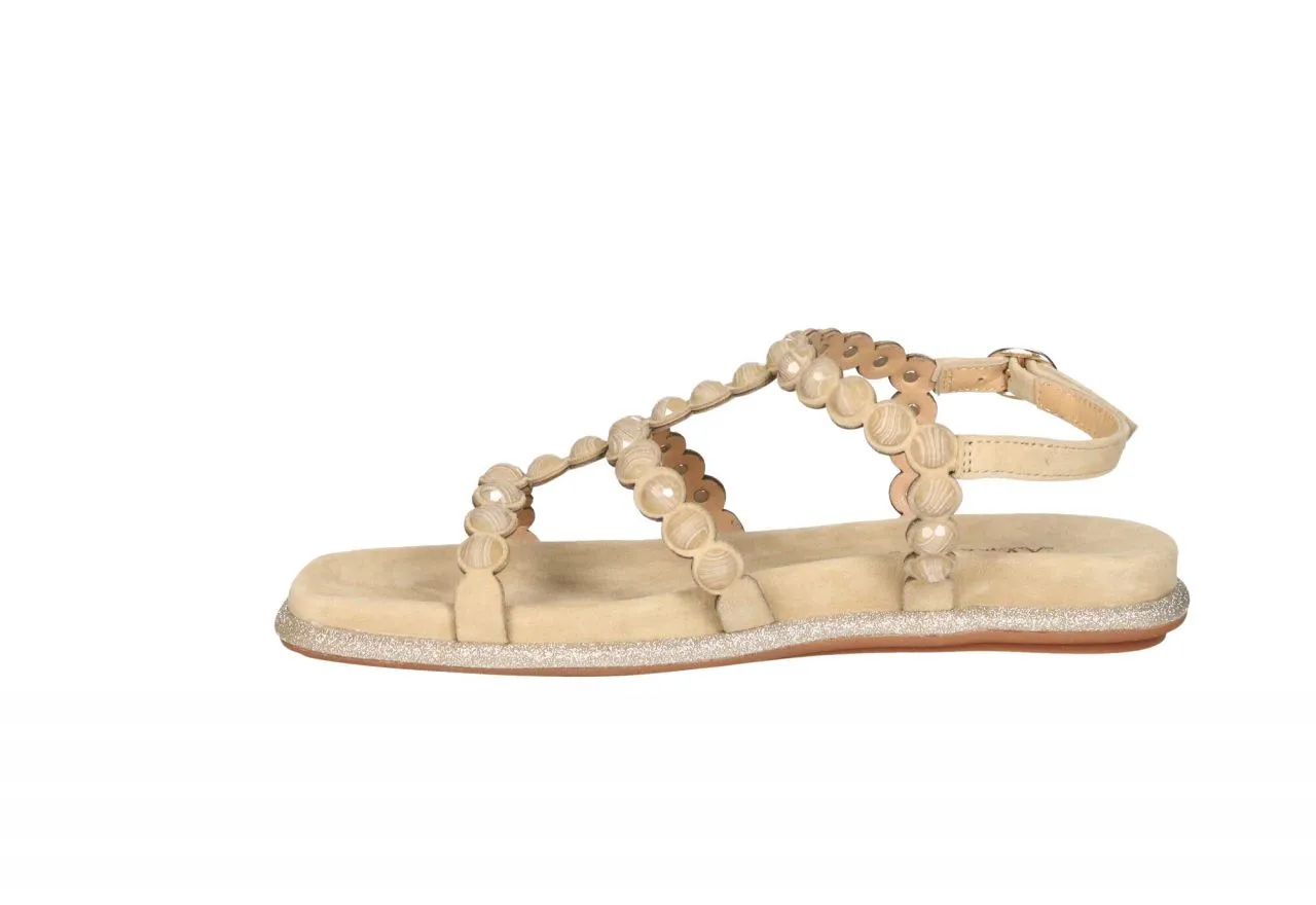 Sandalia t Nobuck Taupe Tiras Tachas Redondas Filo Brillantina Oro