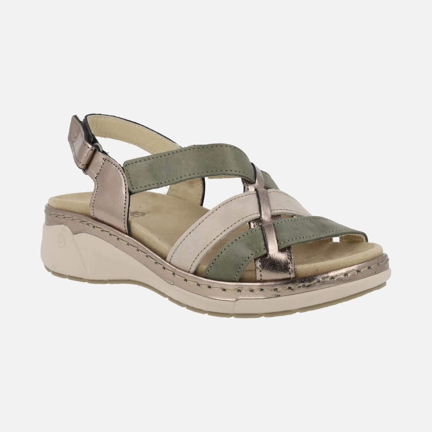 Sandalias confort combinadas en beige y verde con cierre de velcro