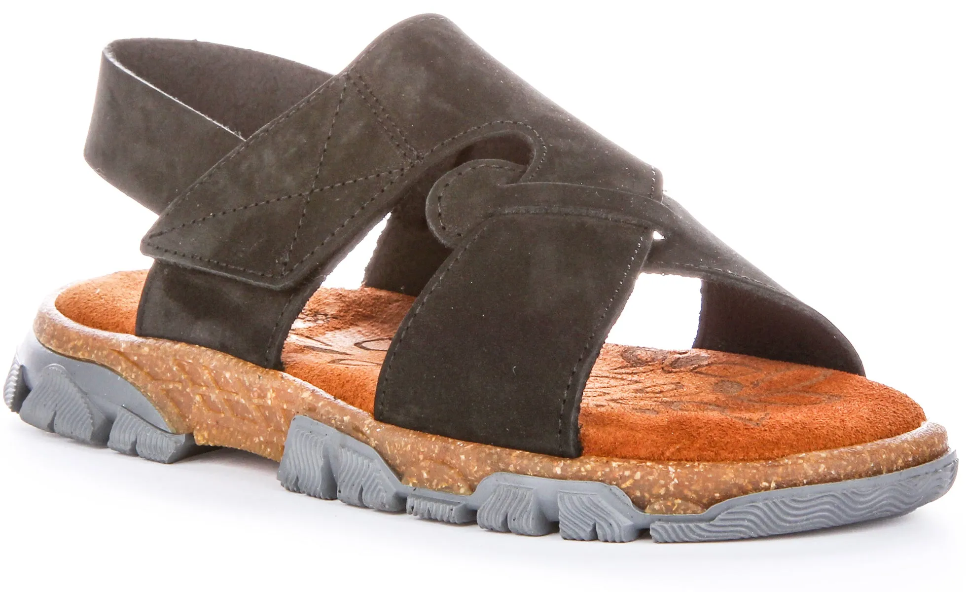 Sandalias de Nubuck para Mujer  Dos Tiras con Velcro en Khaki de Justinreess