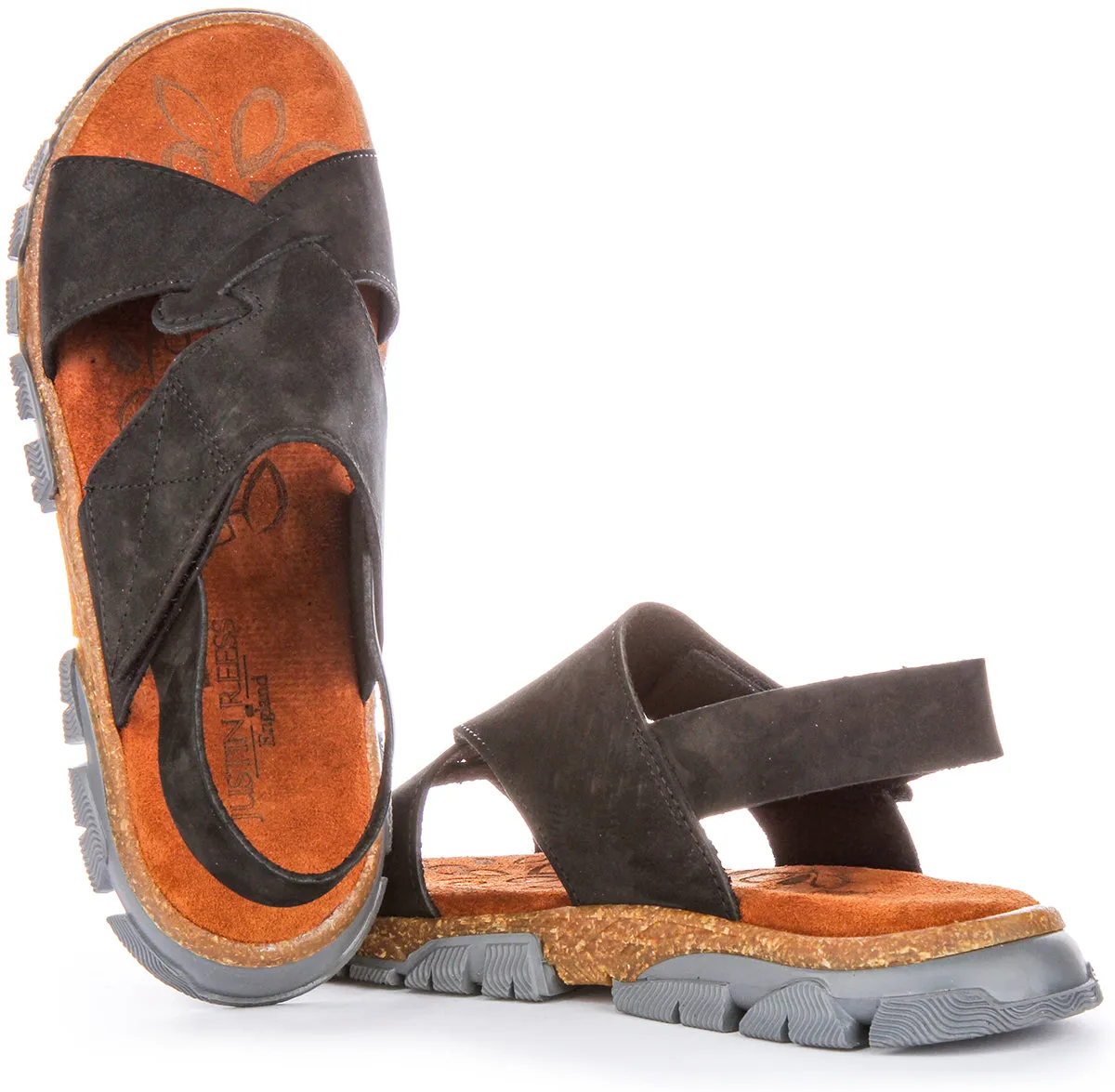 Sandalias de Nubuck para Mujer  Dos Tiras con Velcro en Khaki de Justinreess