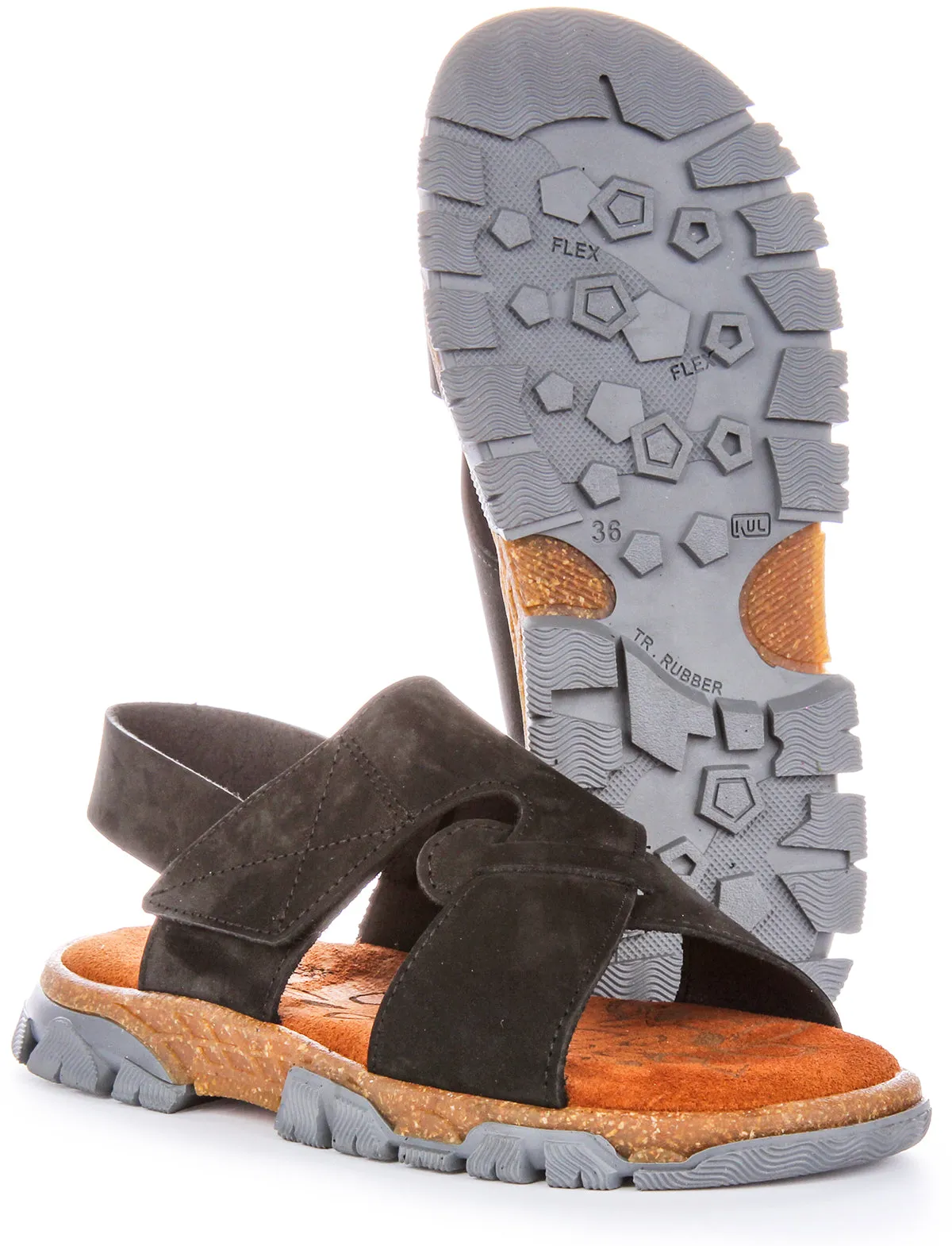 Sandalias de Nubuck para Mujer  Dos Tiras con Velcro en Khaki de Justinreess