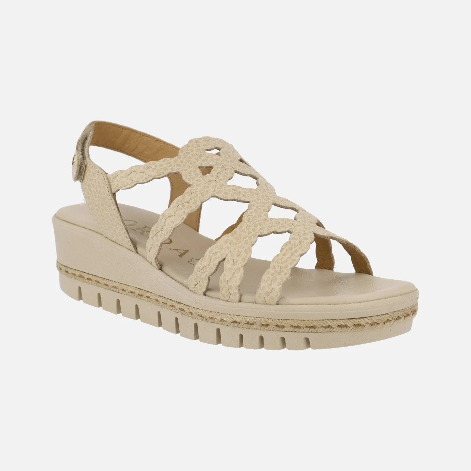 SANDALIAS DE PIEL color beige EFECTO TRENZADO CON CIERRE DE VELCRO
