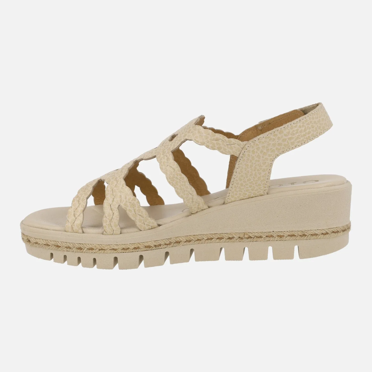 SANDALIAS DE PIEL color beige EFECTO TRENZADO CON CIERRE DE VELCRO