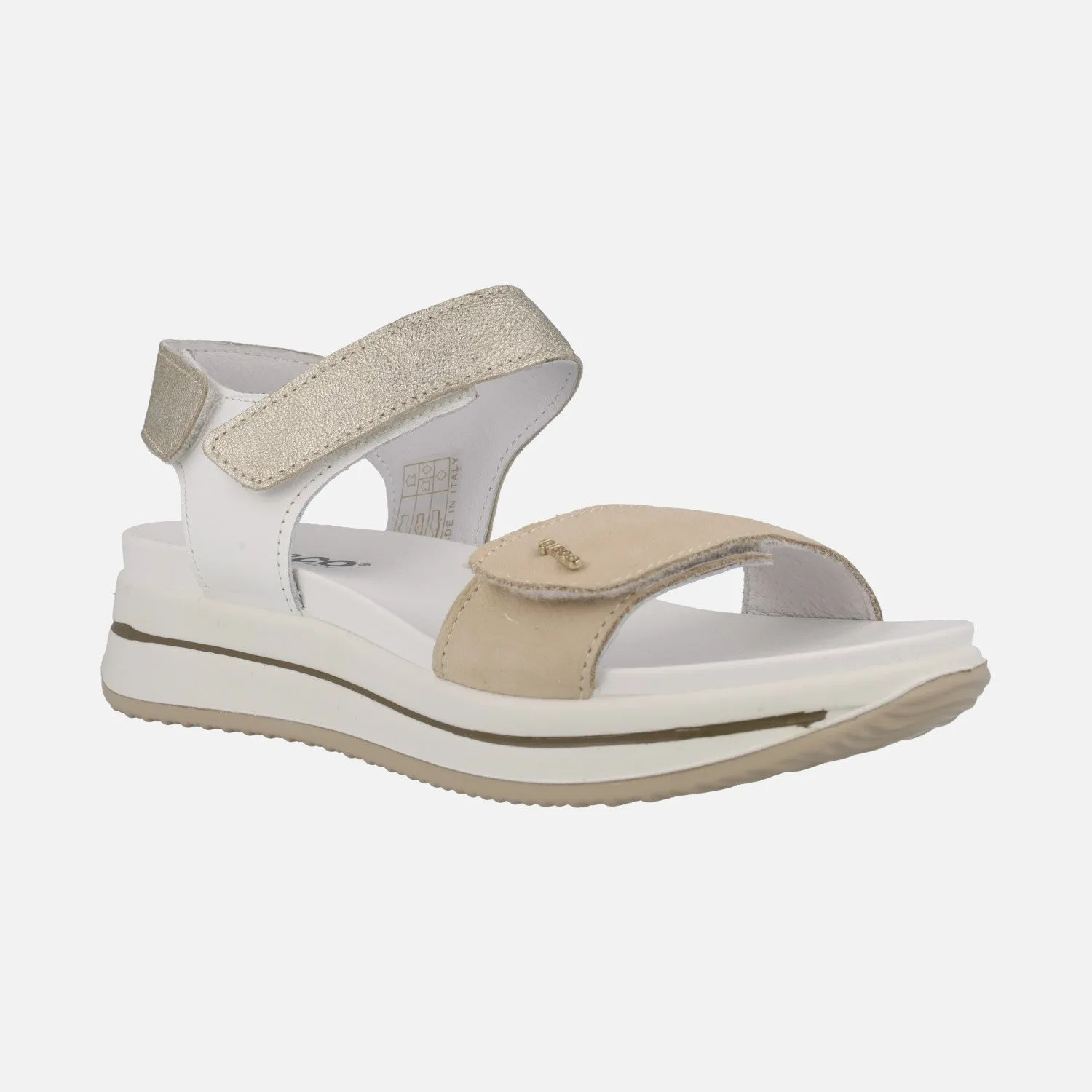 Sandalias de piel combinadas en blanco oro y beige con cierre de velcro