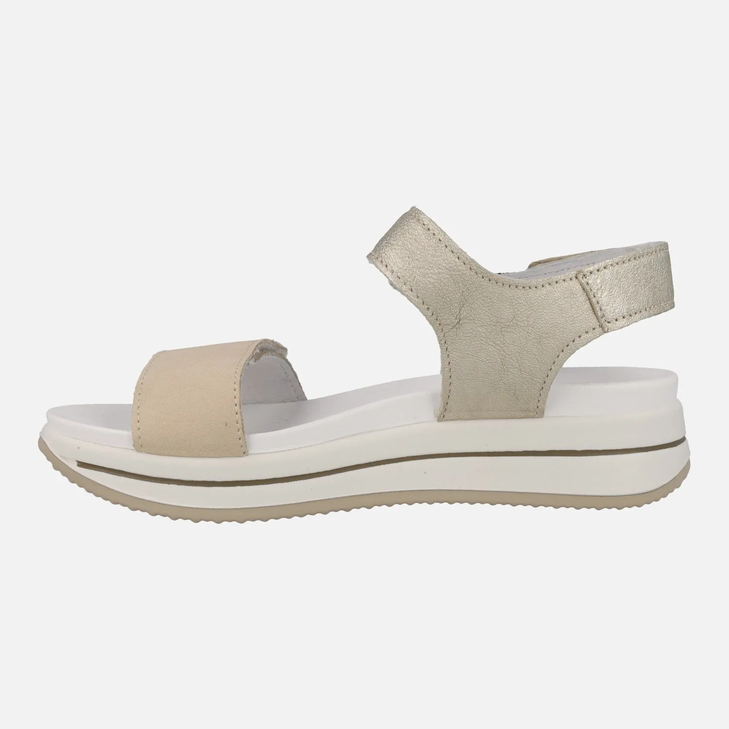 Sandalias de piel combinadas en blanco oro y beige con cierre de velcro