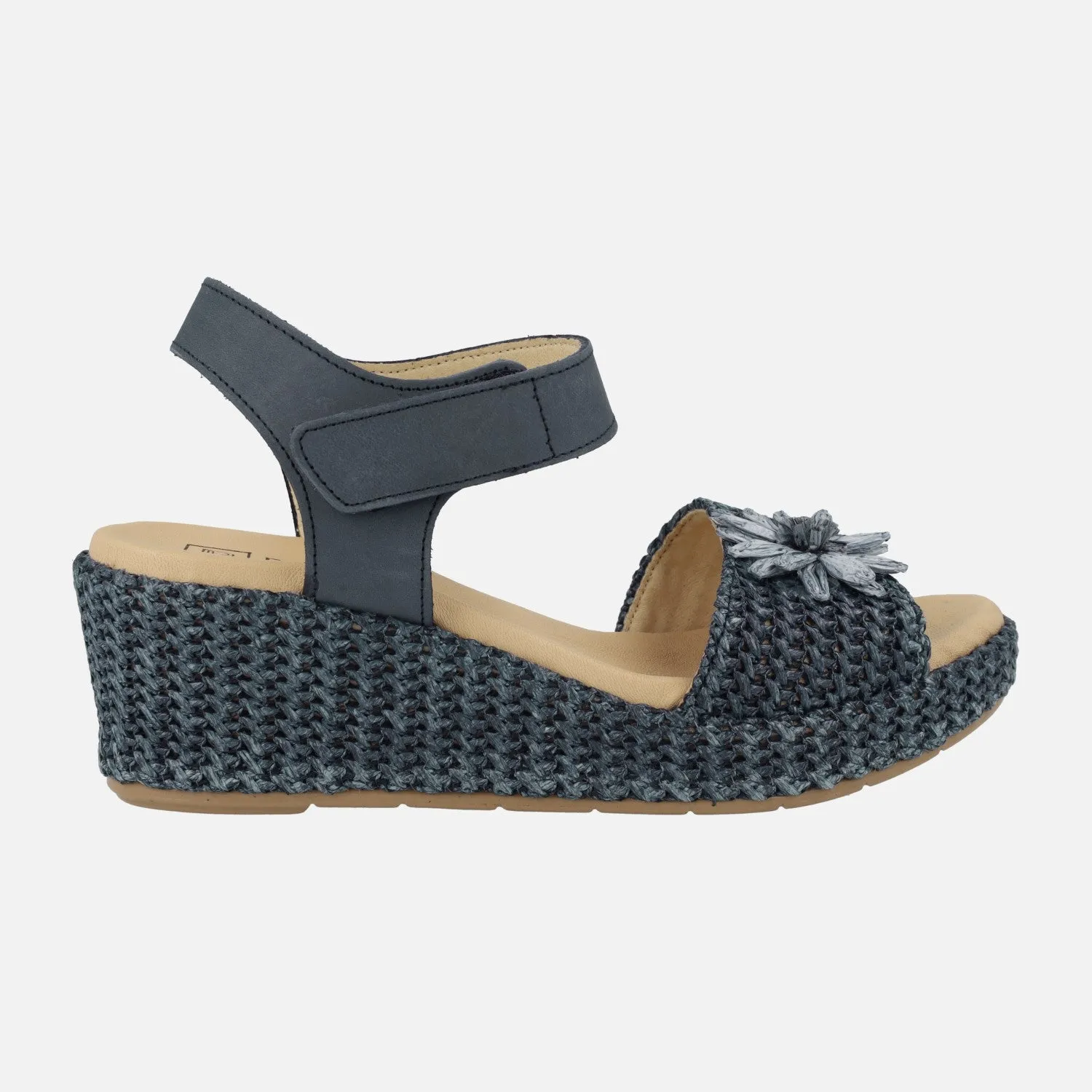 Sandalias de rafia con adorno de flor y cierre de velcro