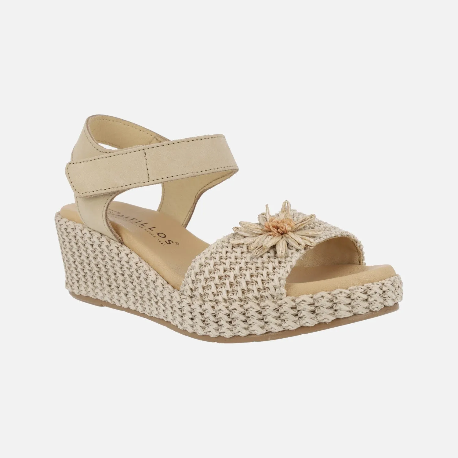 Sandalias de rafia con adorno de flor y cierre de velcro