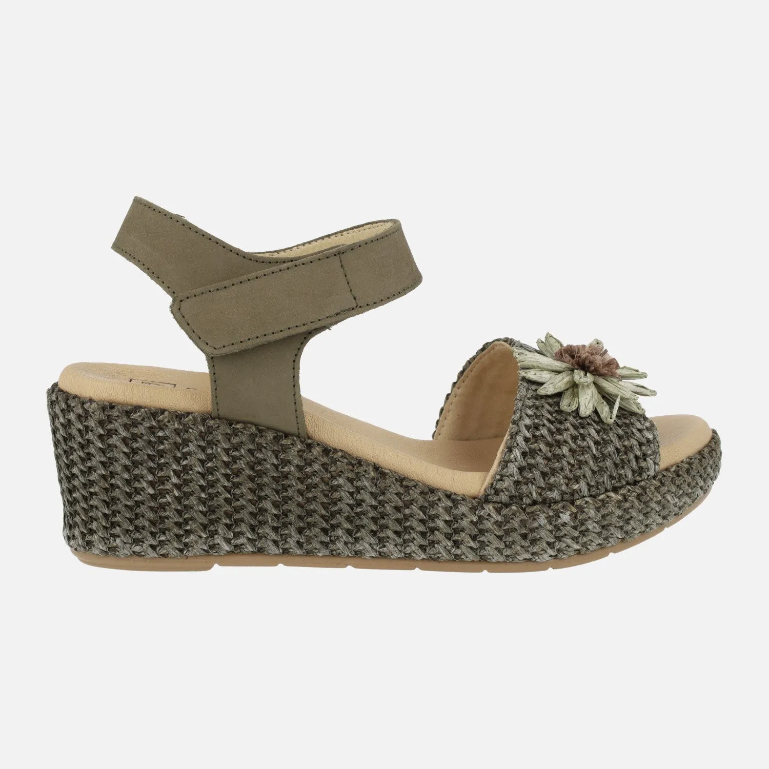 Sandalias de rafia con adorno de flor y cierre de velcro