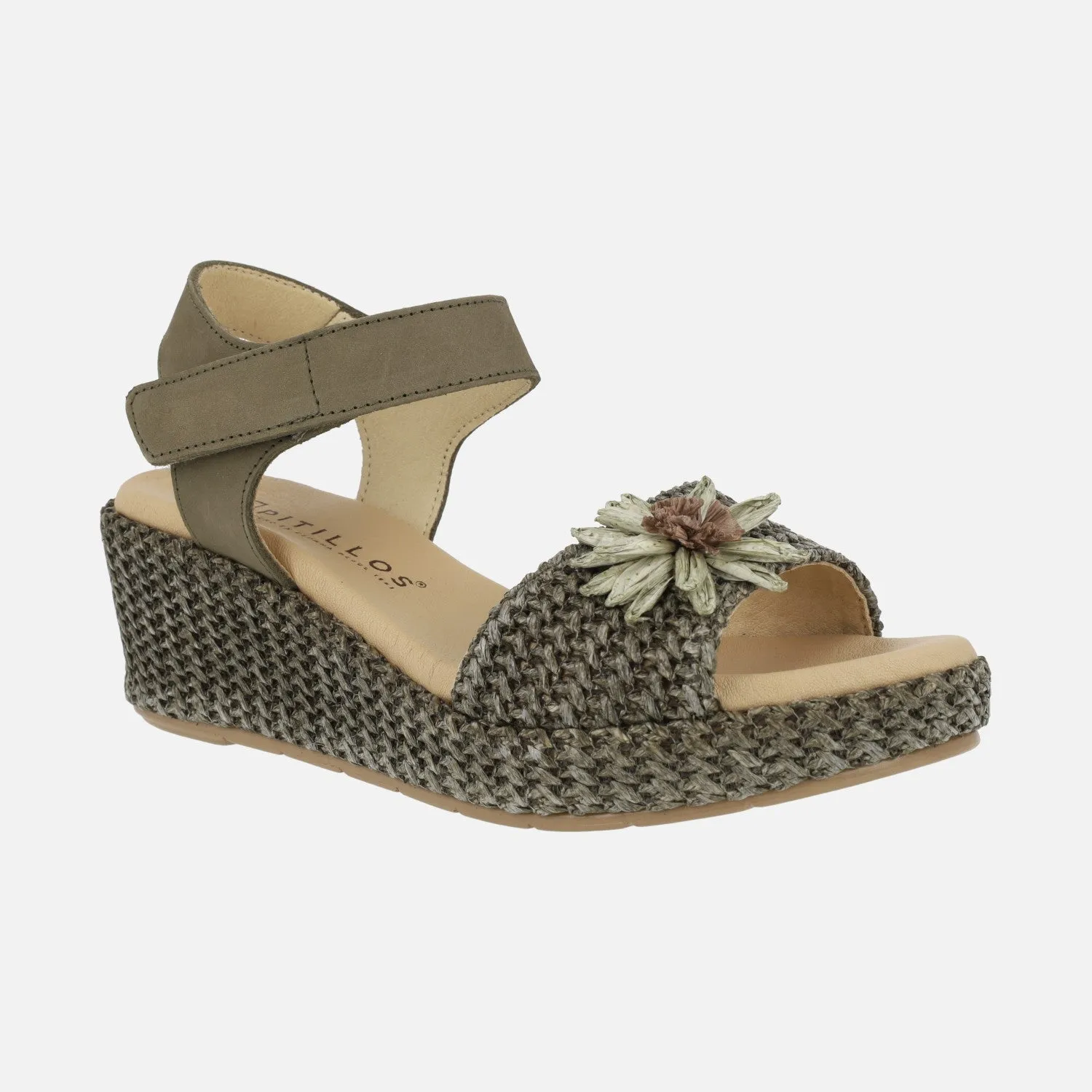 Sandalias de rafia con adorno de flor y cierre de velcro