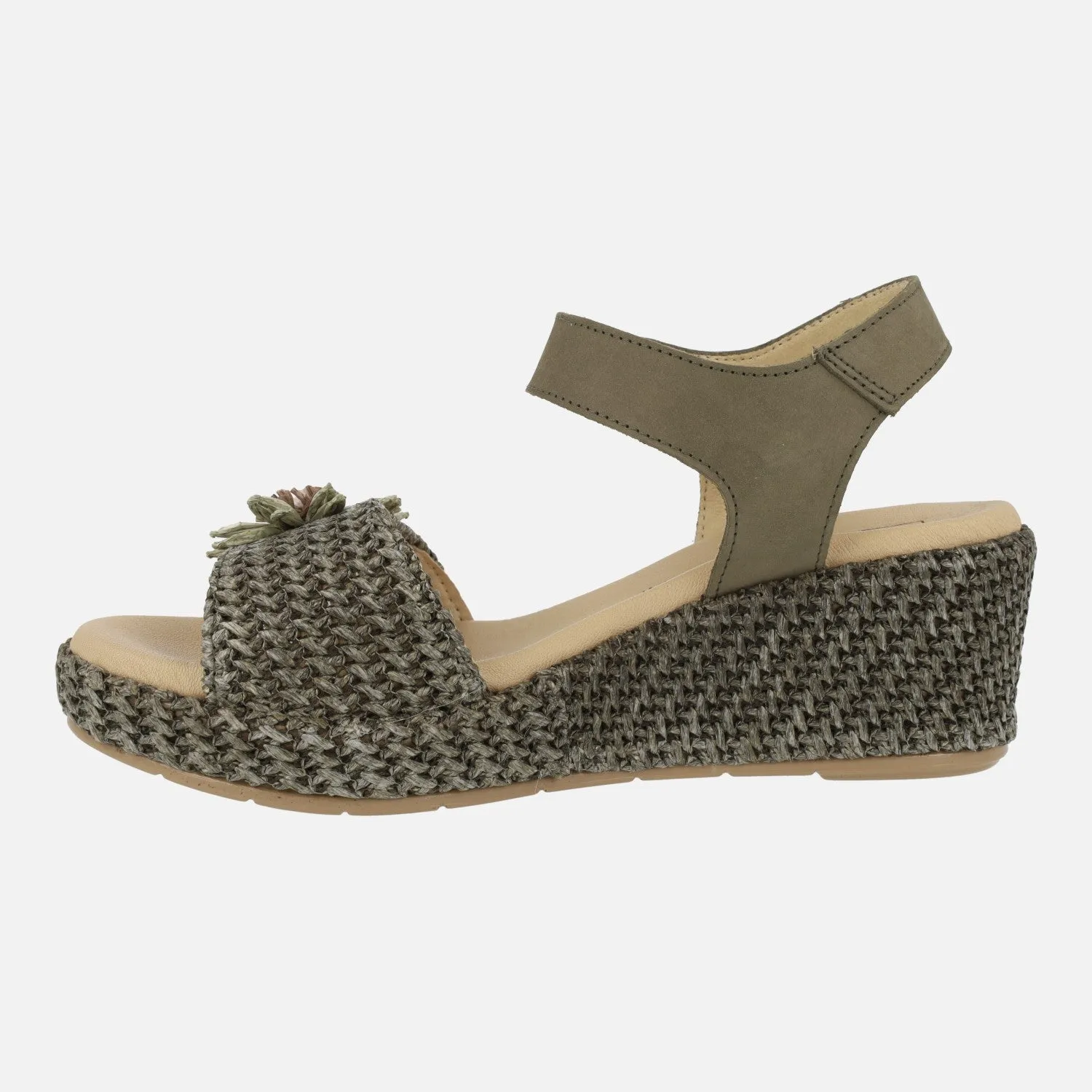 Sandalias de rafia con adorno de flor y cierre de velcro
