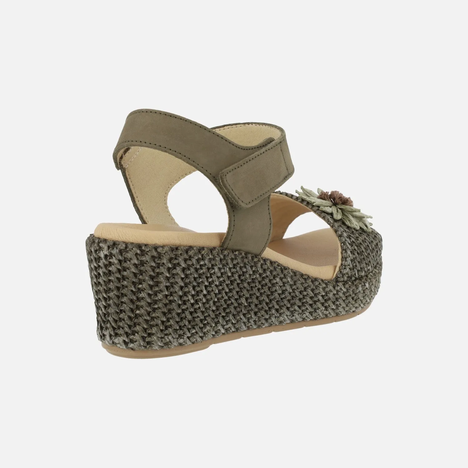 Sandalias de rafia con adorno de flor y cierre de velcro