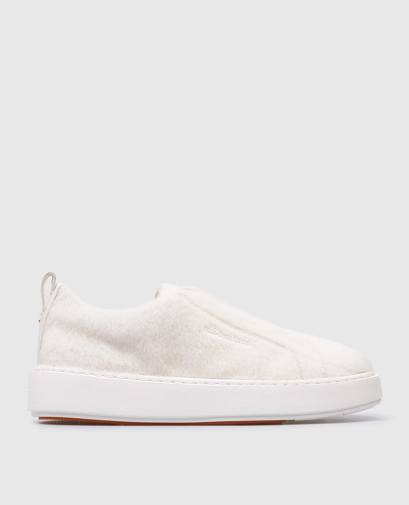 Santoni White Victory leather slip on fur with logo embroidery