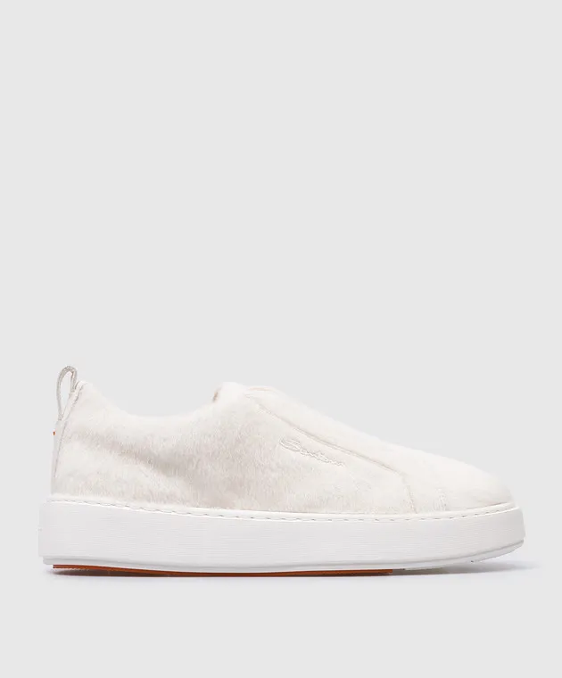 Santoni White Victory leather slip on fur with logo embroidery